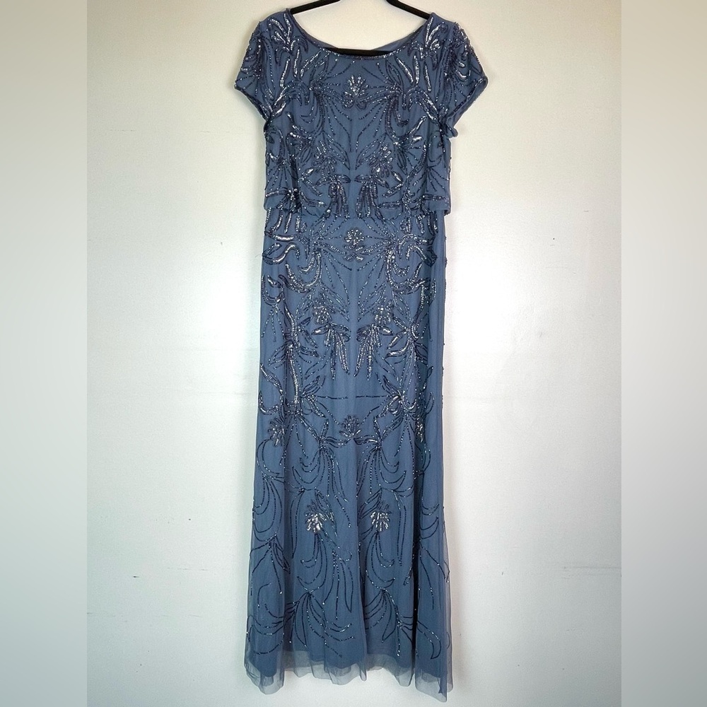 ADRIANNA PAPELL Womens Sequined Long Evening Gown Navy Size 12 | Short Sleeve